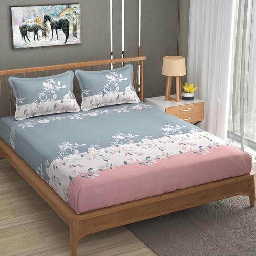 Image of Vram Premium Heavy Cotton Elastic Fitted Bedsheets with 2 King Size Pillow Covers || Double Bed with All Around Elastic 350 TC || 72 x 78 x 10 Inch King Size Fitted || :- Pink Tricolor