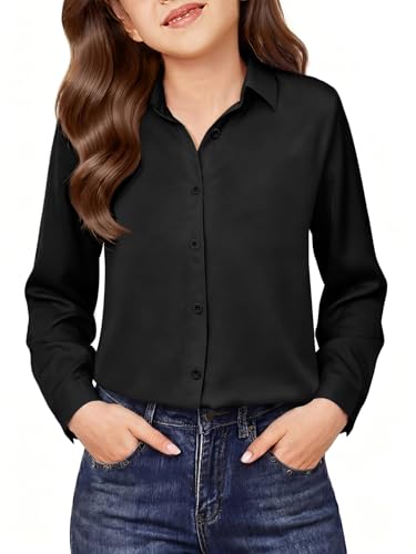 ZDC Girls Satin Silk Button Down Shirts Kids Long Sleeve Dress Shirts School Uniform Blouse 5-14 Years Black