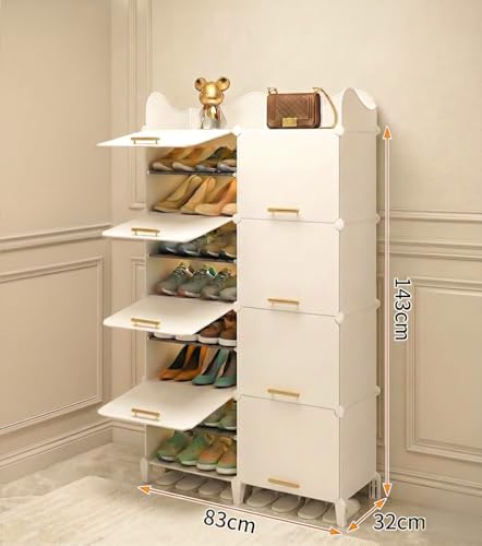 Image of Plastic Shoe Rack for Home | 16 Shelf DIY Shoe Rack with Door for Home Storage Plastic Box Organizer, Metal Door Frame, Chappal Slipper Sandals Stand (White, 16 Shelf)