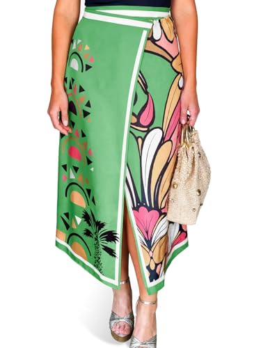 Tankaneo Women Floral Wrap Maxi Skirt Boho Elastic High Waisted Zipper Split A Line Flower Midi Skirts Light Green
