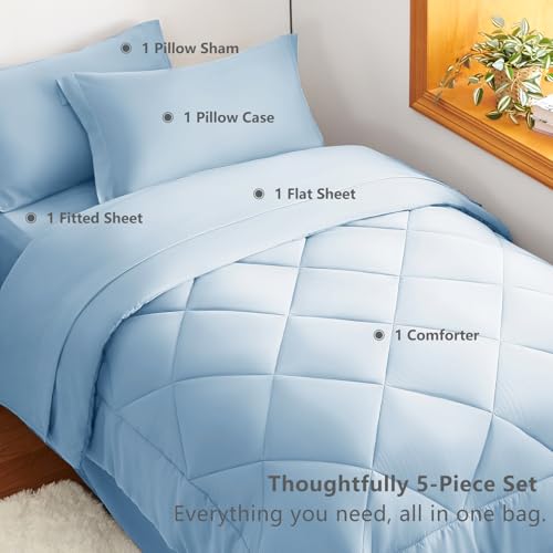 Image of CozyLux Twin XL Comforter Set Baby Blue - 5 Pieces Twin Extra Long Bed in a Bag for College Dorm, All Season Bedding Set for Girls and Boys, Soft Bed Set with Comforter, Sheets, Pillowcase & Sham