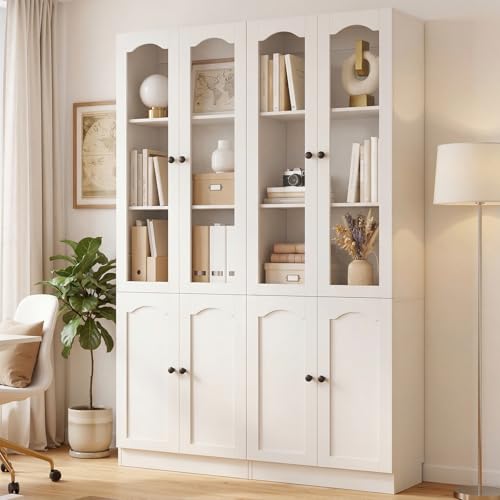 Image of Cyclysio 80 inch Tall Pantry Cabinet with 8 Doors, Natural Oak Kitchen Pantry Storage Cabinet with Built-in Baseboard Notch & Adjustable Shelves - Kitchen Storage Cabinet for Dining, Living Room, Office