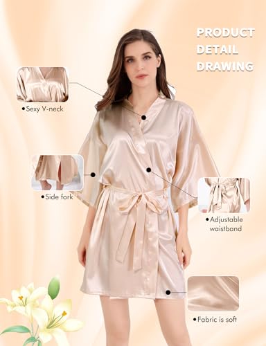 Image of MORFORU Women Bride Bridesmaid Silky Satin Kimono Robe Solid Color Sleepwear for Wedding Party Getting Ready, Short