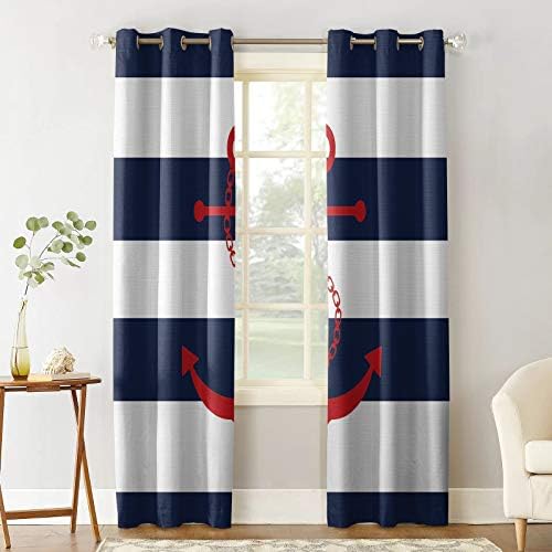 Blackout Curtains for Bedroom Nautical Red Anchor Navy Blue White Horizontal Stripes Grommet Thermal Insulated Window Drapes Room Darkening Curtain for Living Room, Set of 2 Panels 27.5 x 39 in x 2