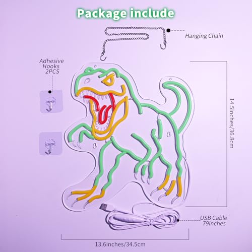 Image of Dinosaur Neon Wall Sign - Dimmable T-Rex LED Light for Jurassic Party, Boys Bedroom, Halloween Decor, Spooky Gift for Teens, 14.5x13.6 inch USB Powered