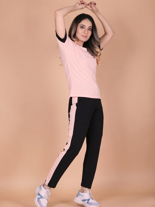 Image of DTR FASHION Polyester Blend Shoulder Stripes Tracksuit | Night Wear Suit For Women