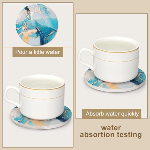 Image of 6 Pcs Light Blue Abstract Wood Coasters with Iron /Metal Holder Best Round Drink Coaster for Desk Lounge Coasters Coffee Wine Coasters Beverage Bar