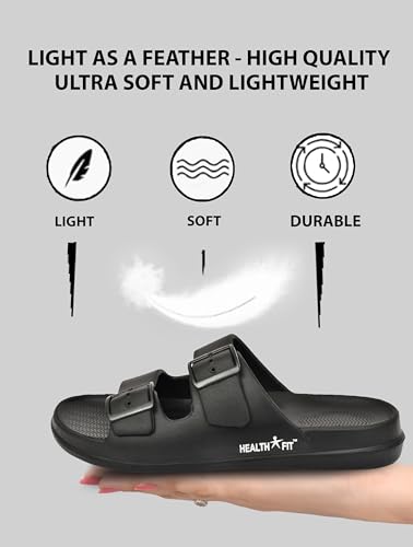 Image of HEALTH FIT Extra Soft Premium Classic Cushion Sliders /Slippers with Adjustable Buckle Strap & Light Weight Anti-SkidWaterproof Flip Flops for Men's HF150