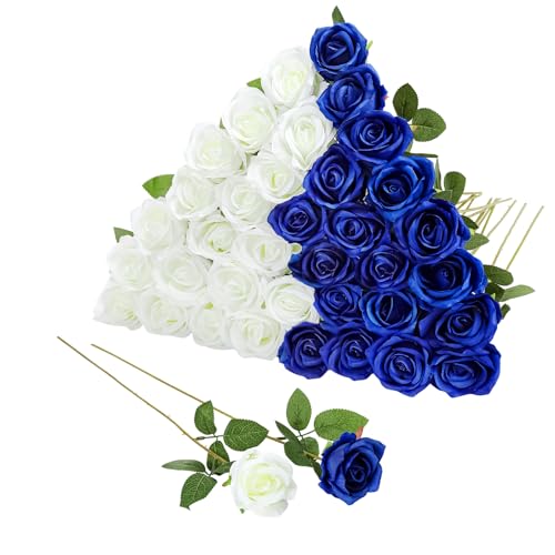 Hoemwarm 36 Pcs Silk Blue White Rose Bouquet Artificial Flowers