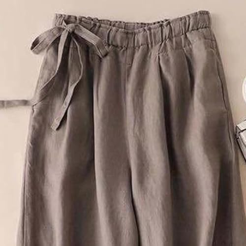 Women's Wide Leg Pants Linen Straight Tube Loose Summer Elastic Waist Wrinkle Shallow Ankle Casual2