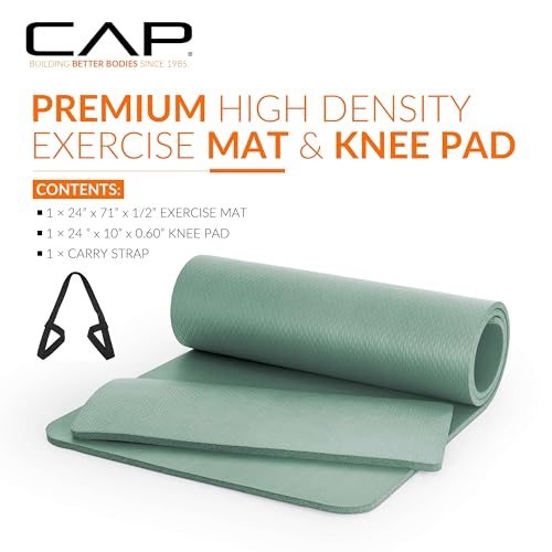 CAP Barbell High Density Exercise Yoga Mat with strap and Knee Pad 71"x24"x1/2" Sage Green - Image 3