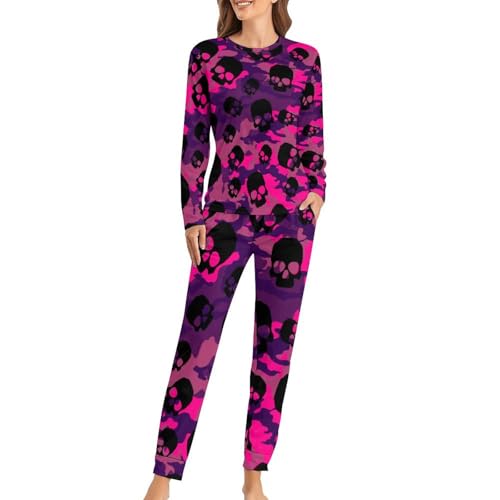 Pyjama femme crâne noir violet contre le froid nocturne, vêtement de nuit manches longues
