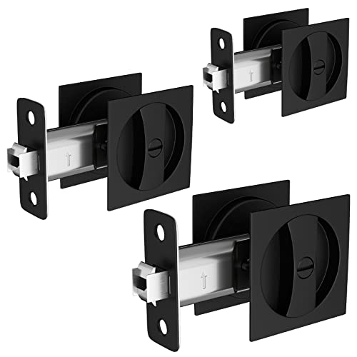 Image of goldenwarm Bed /Bath Pocket Door Lock 3 Pack, Matte Black Contemporary Privacy Square Pocket Door Hardware(2-3 /8 inch Backset), Flush Pocket Door Lock(Recessed)