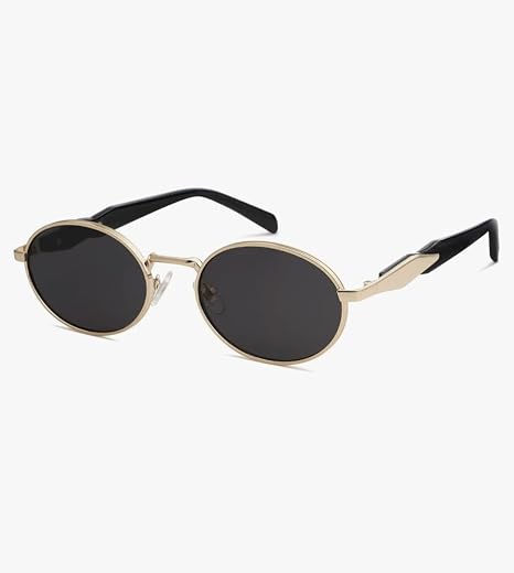 Oval Sunglasses, Gold Metal Frame with Black Temples, Dark Lenses, UV400 Protection, Retro Style