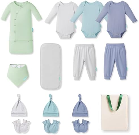 PurComfy Bamboo Newborn Clothes Gift Set: 14-Piece Buttery-Soft Layette & Accessories Set for Baby Boys — Daily Essentials Set, 3-6 Months