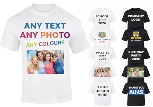 Personalised T Shirt UK Standard Unisex Cotton Tee Custom Photo or Text Shirt for Groups Workwear Events Bulk Friendly Printed in UK White