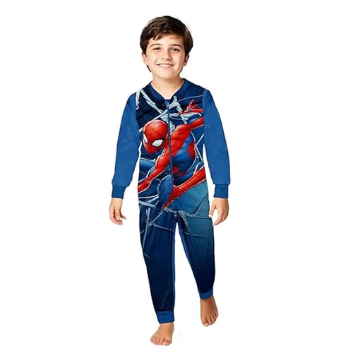United Labels Marvel Spiderman Jumpsuit für Jungen, Blau, 122-128, Fleece Overall Langarm, Einteiler Schlafanzug, Kuschelanzug für Kinder