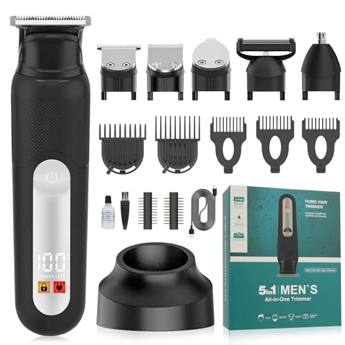 Image of SUNNOW 5-in-1 Body Hair Trimmer, Groin Trimmer for Men, Wet /Dry Use | 5 Heads for hair beard body nose and ear. Built in LED light with safety lock. Gifts for husband, Father, friends