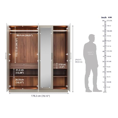 Image of Wakefit Tyrian Plus 4 Door with 4 Shelves 2 Drawers 2 Hanging Areas 1 Mirror SH2-Carcass: Columbian Walnut Shutter: Creamy Brown