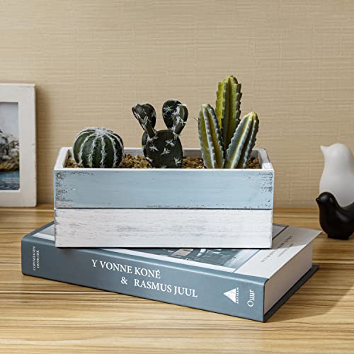 Mygift Assorted Fake Plant Decor, Artificial Mini Cactus Plant Arrangement With Vintage Blue And White Wood Rectangular Planter Box #TOP1