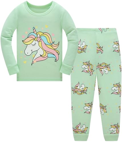 Kinder Mädchen Schlafanzüge Einhorn Langarm 100% Baumwolle Nachtwäsche Winter Weihnachten Pyjama Set Größe 122, 6-7 Jahre
