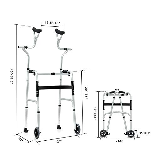 Goplus Foldable Standard Walker, Aluminum Alloy Rehabilitation Auxiliary Walker w/5” Wheels, Foamed Axillary Support, Sled-Style Foot Mat, Height Adjustable Walking Mobility Aid for Elderly