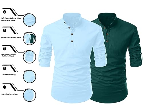 Image of FINIVO FASHION Combo of Men's Cotton Blend Solid Regular Fit Full Sleeve Straight Short Kurta Shirt, Casual and Formal Wear