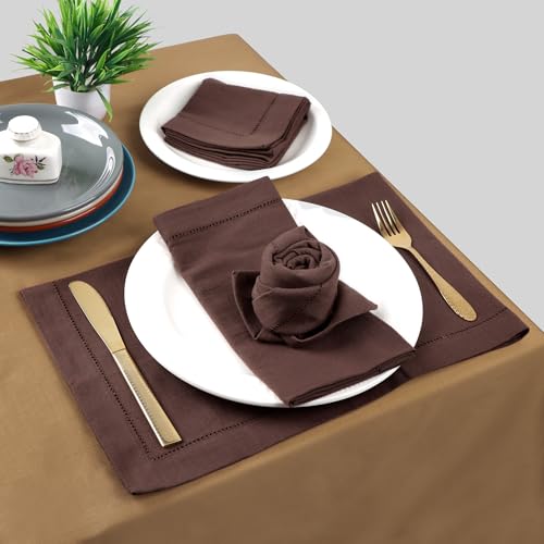 Image of FINGERCRAFT Hemstitched Cotton Table Napkins - Set of 12, 20x20 Inch, 100% Cotton Cloth Napkins with Faggoting Stitching - Durable & Elegant for Parties, Hotels, Everyday Use (Chocolate Slub)