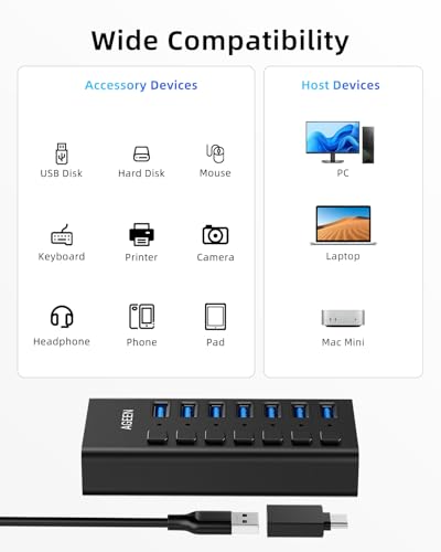 Image of AGEEN 7-Port USB 3.2 Gen 2 Hub, 10Gbps High-Speed Aluminum Powered Hub with 24W Adapter, Individual Switches & Surge Protection for PC /Laptop, Flash Drive, Printer, Camera
