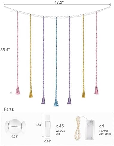 Mkono Macrame Hanging Photo Display Wall Decor with String Lights, Boho Wooden Beads Garland Collage Picture Card Frame Holder with 45 Clips for Bedroom Living Room Dorm, Teen Girl Teenage Gifts