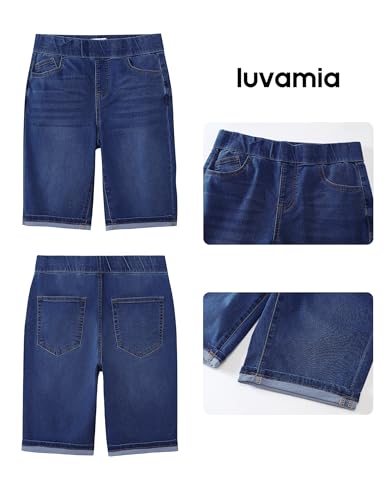 luvamia Bermuda Shorts for Women Jean Pull On Elastic Waist High Waisted Knee Length Fold Hem Stretchy Denim Long Bermuda Shorts Women Darkness Blue Size Large Fits US 12-14