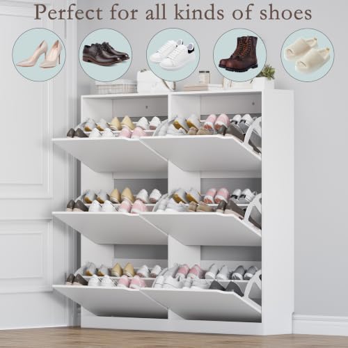 Image of BORNOON Shoe Cabinet with 6 Flip Drawers, Slim Narrow Shoe Storage Cabinet, Freestanding Shoe Organizer for Entryway, Hallway, Foyer