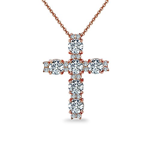 B. Brilliant Rose Gold Flashed Sterling Silver Round-Cut Aaa Cubic Zirconia Large Cz Necklace Cross For Women With Gift Box #TOP16