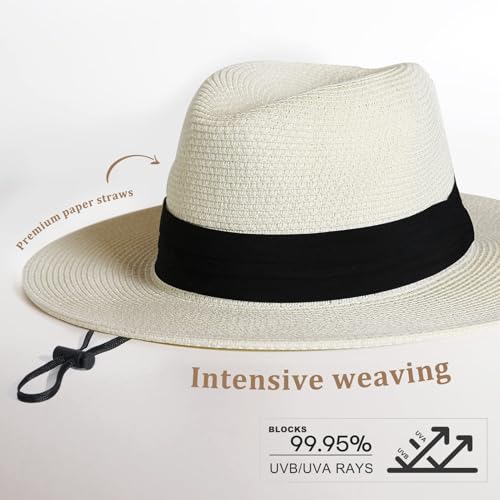 Image of FURTALK Womens Mens Wide Brim Straw Panama Hat Fedora Summer Beach Sun Hat