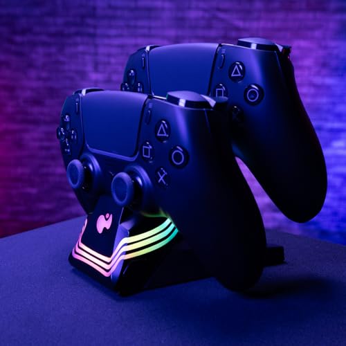 Image of PDP Afterglow Wave LED Dual Gaming Charger for 2 PlayStation 5 DualSense Controllers, Compatible with PS5 and PS4, Customizable RGB Lighting Effects - Black