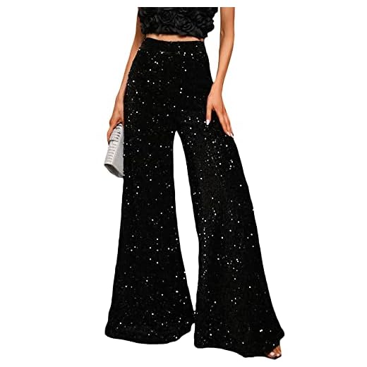 Women's Sexy Metallic Sparkly Wide Leg Pants Trousers Bell Bottom Night Out Clubwear (A-Black, S)