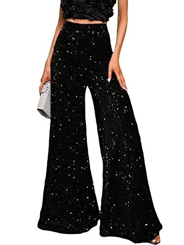 Women's Sequin Pants Sparkly Glitter High Waisted Wide Leg Flare Trousers Bell Bottom Night Out Clubwear