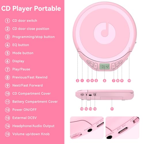 Image of Portable CD Player for Car: Kegaudio with Earphones Anti-Skip LCD Display Personal Disman Disc Player for Car & Sports Supports MP3 WMA PROG & Memory Function
