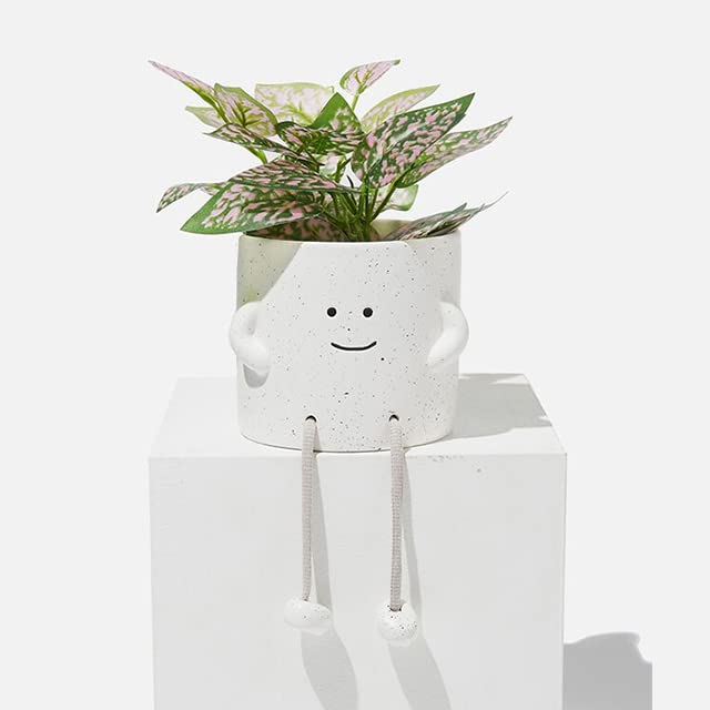 Sitting Smiling People Plant Pot - Indoor Rope Legs Planter for Succulents | 4 Inch Planter (White)