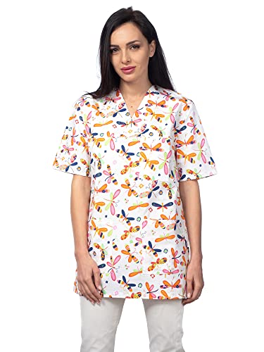 DINOZAVR Bruna Sanitario Camisa Médica con Cuello en V para Mujeres Blanco/Libélulas S