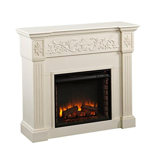 SEI Furniture Calvert Electric Carved Floral Trim Fireplace, Ivory (FA9279E)