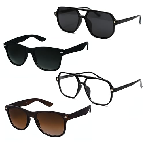 Image of Imperial Club Sunglasses Set with Oval and Square Styles, Black Frames, Black, Transparent and Brown Lens, UV Protection, Pack of 4