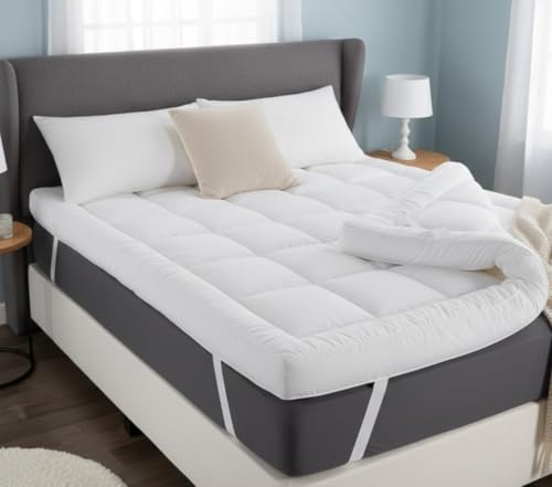 Adam Home Microfiber Quilted Mattress Topper Double Bed 4 Inch / 10cm Fluffy and Hypoallergenic Thick White Hotel Quality Extra Soft Stronge Elasticized Corner Straps (135 x 190 + 10cm)