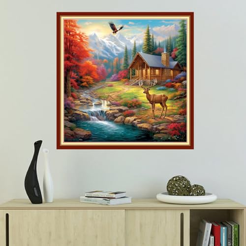 Image of Foxhool Beginners Cross Stitch Kits Stamped Full Range of Embroidery Kits for Adults DIY Cross Stitches kit Embroidery Patterns for Needlepoint kit-Hut Scenery 18x18 inch