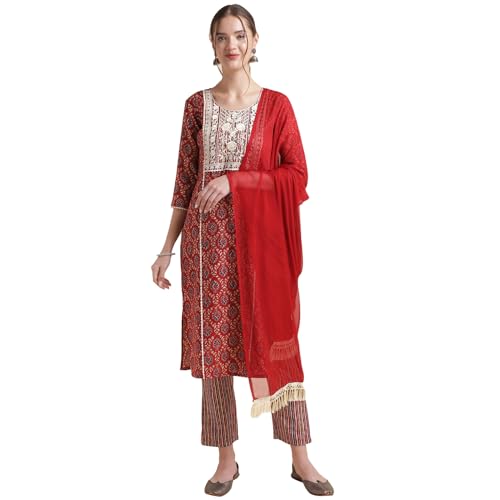 Image of NAINVISH Cotton Blend Kurti Pant & Dupatta | Kurta Set for Women | Women Kurta Pant Dupatta Set | Kurta Pant with Dupatta Set | Embroidered Kurta Pant Dupatta Set