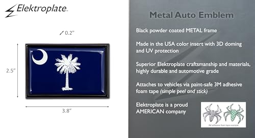 Image of Elektroplate Premium South Carolina SC State Flag with Palmetto Tree All Metal Black Frame Chrome Emblem for Cars, Trucks, and All Auto | Universal Fit at 2.5 inch x 3.8 inch | Weatherproof