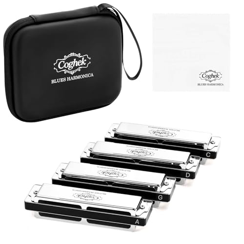 Professional Harmonica Set 4 Pack, 10 Hole 20 Tone Blues Harp in Keys C G D A, Silver Diatonic Mouth Organ Bundle with Stainless Steel Cover for Practice, Studio, Band Jam & Stage Performance - Les Beatles, Paul McCartney, John Lennon, RIngo Starr, George Harrison Professional Harmonica Set 4 Pack, 10 Hole 20 Tone Blues Harp in Keys C G D A, Silver Diatonic Mouth Organ Bundle with Stainless Steel Cover for Practice, Studio, Band Jam & Stage Performance