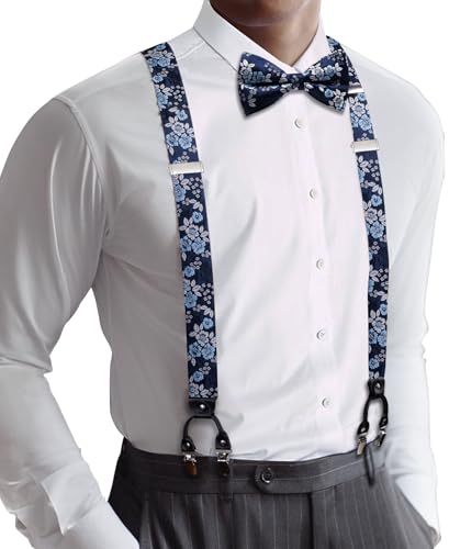 Image of YOHOWA Men Suspenders 6 Clips Strength Adjustable Y Braces Pre-Tied Bow Tie Set Formal Wedding Party