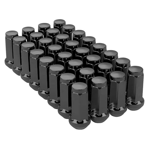 Image of Set of 100 1.77 inch Tall Chevy GMC Silverado M14X1.5 Thread Bulge Acorn Lug Nuts, 3 /4 inch Hex, Black