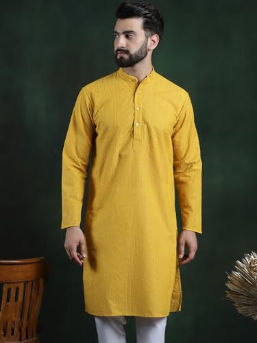 Image of SOJANYA (Since 1958 Men's Pure Cotton Checked Embroidered Long Kurta | Traditional for Diwali Celebrations
